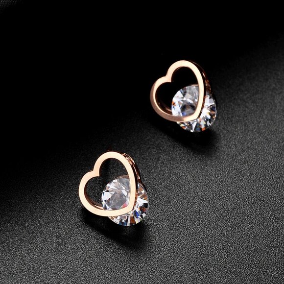 3/$35 18K Gold Plated Heart Hoop Stud Earrings CZ Crystal Cubic Zirconia Jewelry - Picture 4 of 6
